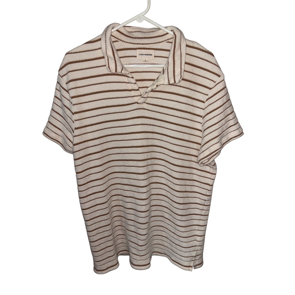 Lucky Brand Polo Shirt Mens XL White Brown 100% Cotton boho